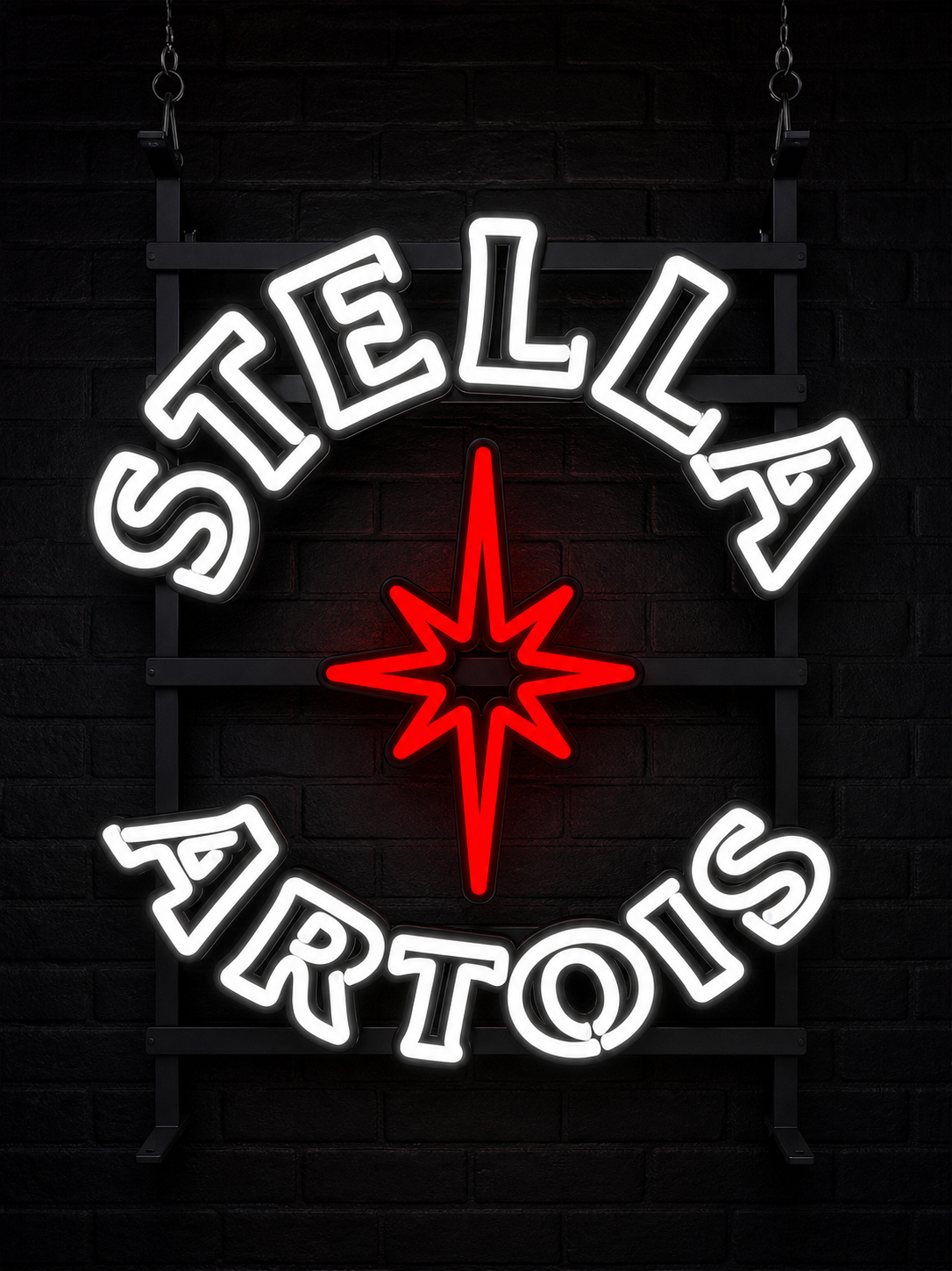 Custom illuminated Stella Artois sign on a dark brick wall